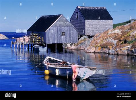 Fishing Boat And Sheds Peggys Cove Nova Scotia Canada Stock Photo