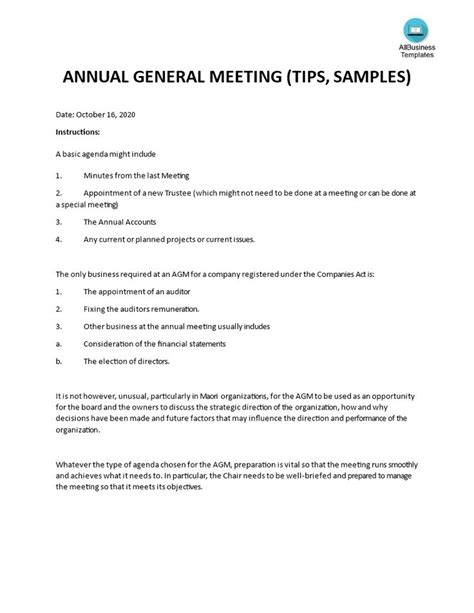 Non Profit Annual General Meeting Agm Agenda Template Within