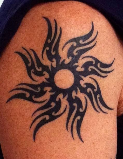 Tribal Sun On Shoulder By Gauge Sun Tattoo Tribal Tribal Sun Tattoos