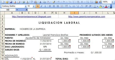 Calculo De Liquidación Y Prestaciones Laborales En Excel Herramientas