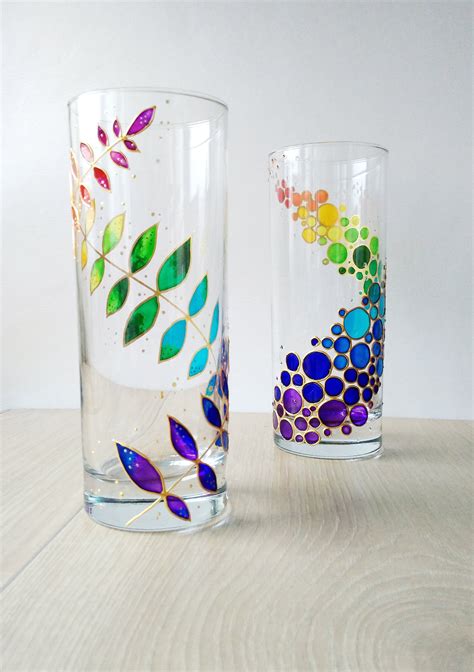 Rainbow Drinking Glasses Set Of 2 Hand Painted Floral Colorful Etsy Glass Painting Designs
