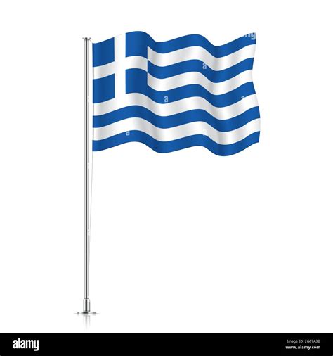 Greece Flag Waving On A Metallic Pole The Official Flag Of Greece