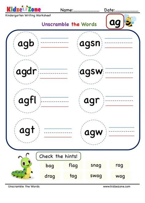 Use the word bank to help. Kindergarten ag word family Unscramble words worksheets