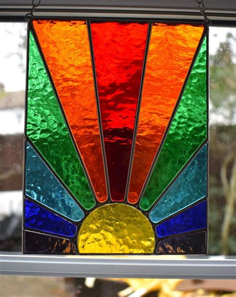 Stained Glass Rainbow Sunburst Sunrise Sunset Rainbow Stained Etsy Uk Glass Window Art