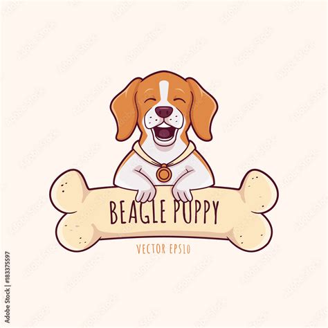 Cute Little Beagle Dog Puppy Smiling With Large Chewing Bone Vector