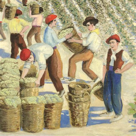 Fine Art Vineyard Wine Grapes Harvesting Vintage Oil Painting 20th