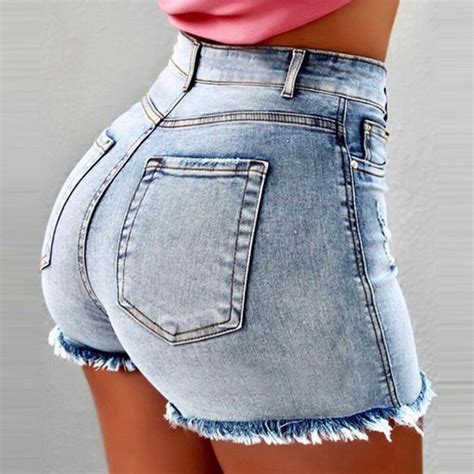 Short Jeans Curto Cintura Alta Com Barra Desfiada Estilo Fashion Elástica Bolso Moda Feminina
