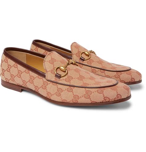 Gucci Jordaan Horsebit Leather Trimmed Monogrammed Canvas Loafers In