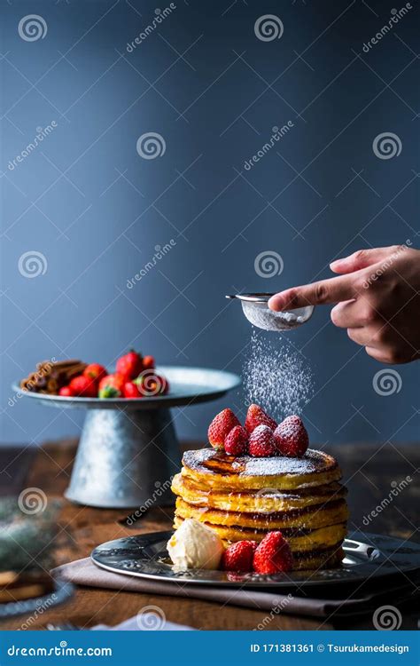 Strawberry Pancakes With Maple Syrupsprinkle With Powdered Sugar On