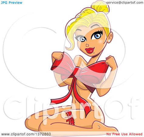 Clipart Of A Sexy Blond White Pinup Woman Wearing A Bow Over Her Chest