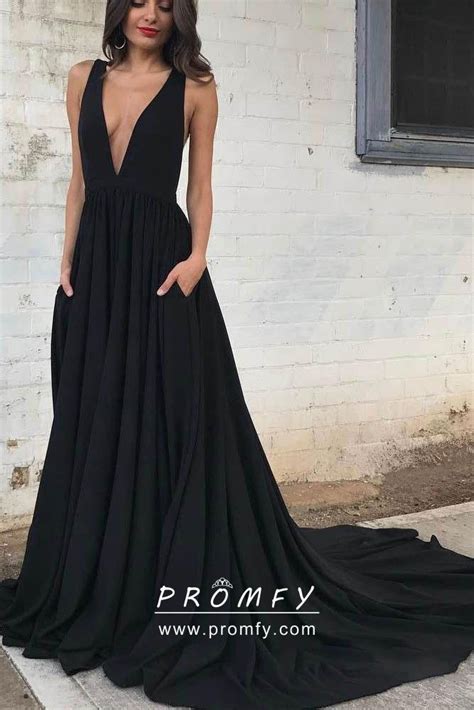 Simple Black Plunging Neck Pocket Long Formal Dress Simple Prom Dress