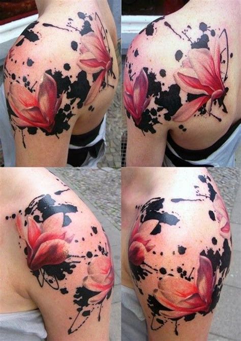 Watercolor tattoos last as long as any other tattoo based on the materials used. Good-looking magnolia watercolor tattoo on shoulder for ...