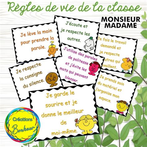 Règles De Vie De La Classe Monsieur Madame