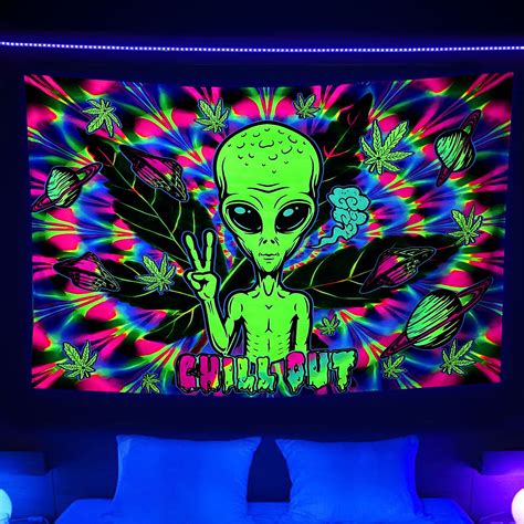 Uv Reactive Trippy Fun Alien Tapestry Blacklight Wall Tapestry For Bedroom Psychedelic Tie Dye