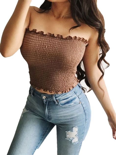 beqeuewll women crop tops strapless vest off shoulder pleated slim fitting tops