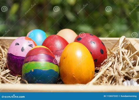 Colorful Fancy Easter Eggs In Wooden Box Stock Photo Image Of Drawing