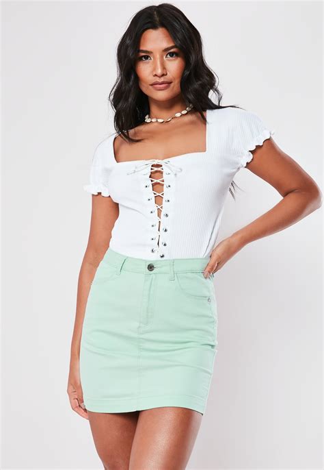 Mint Denim Stretch Mini Skirt Missguided