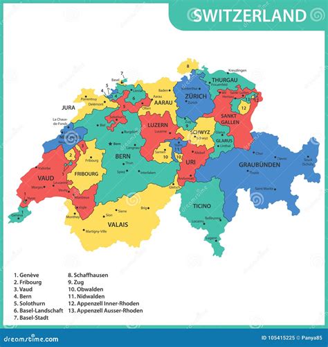 The Detailed Map Of The Switzerland With Regions Or States And Cities