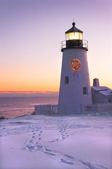 Pemaquid Point Lighthouse Christmas Snow Wreath Maine Photograph By