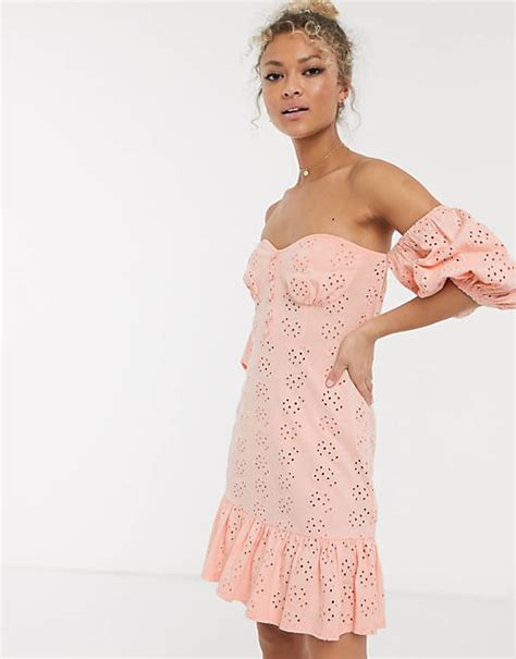 Asos Design Broderie Off The Shoulder Cupped Mini Sundress With Tiered Hem In Pink Asos