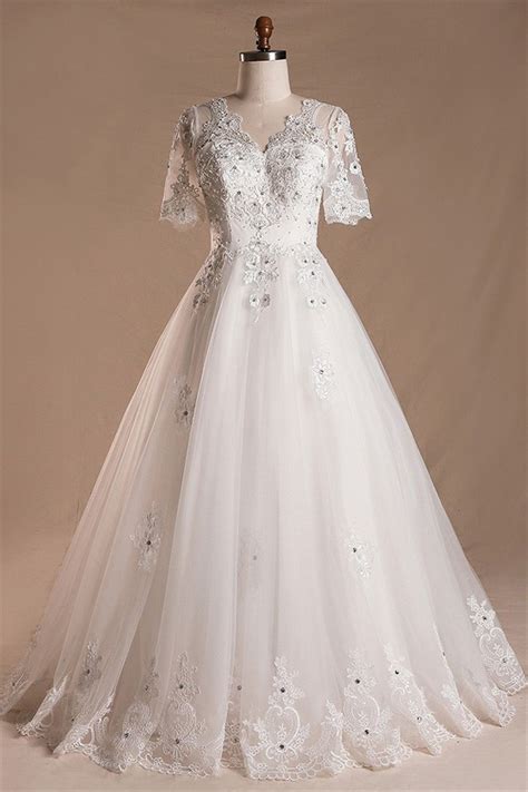 a line v neck short sleeve tulle lace beaded wedding dress keyhole corset back