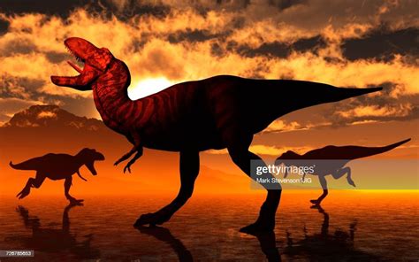 Pair Of T Rex Dinosaurs Hunting A Lone Triceratops High Res Vector