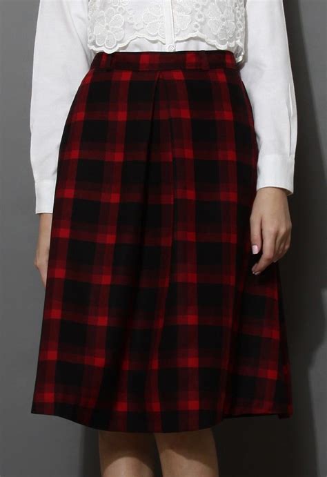 Red Plaid Check Midi Skirt Fashion