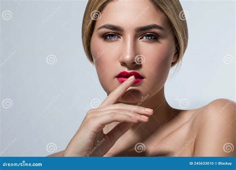 Portrait Of Beautiful Blonde Girl With Red Lips Stock Photo Image Of