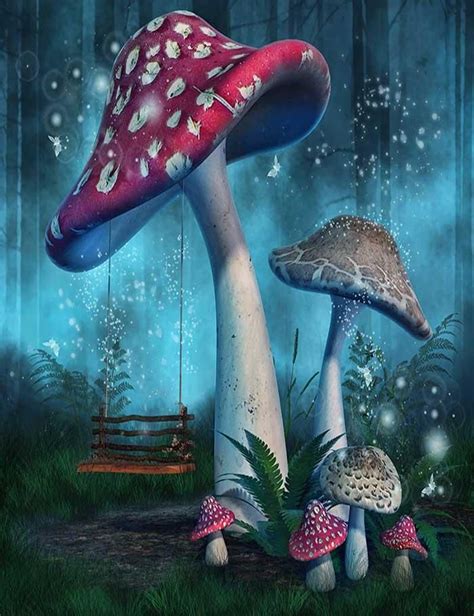 Fantasy Mushrooms With Fairy Swing In Forest Photography Backdrop J