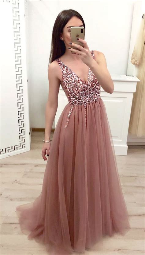 Wdg0210tulle Sequins Long Pink Prom Dress With Split Prom Dresses
