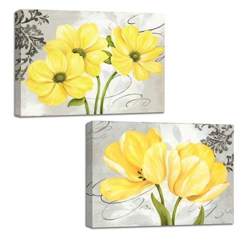 Beautiful Yellow And Gray Grey Flowers Canvas Wall Art Abstract Floral