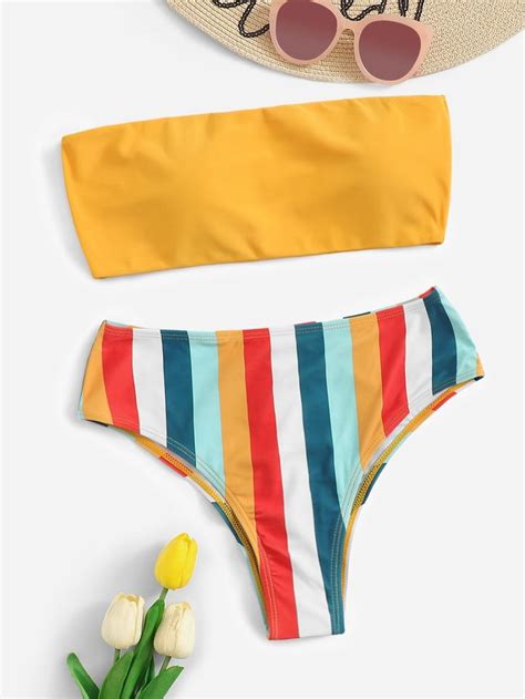 Bandeau With Striped Bikini Set Sheinsheinside Bikinis Womens