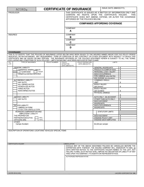 Free Printable Pdf Blank Certificate Of Insurance Form
