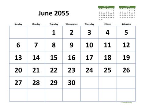 June 2055 Calendar With Extra Large Dates