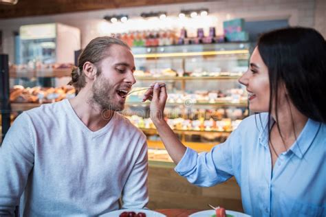 Bearded Husband Tasting Dessert While Spending Morning With Wife Stock Image Image Of Beaming