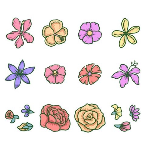Conjunto De Flores Línea Dibujada A Mano Con Color Digital