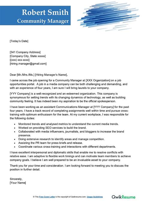 Community Manager Cover Letter Examples Qwikresume