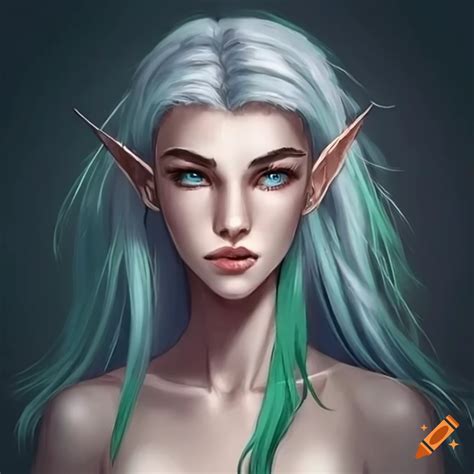 Character Design Of A Half Elf Woman With Gray And Green Hair And Different Colored Eyes On Craiyon