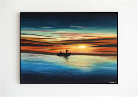 Seascape Boat Painting Abstract Coast Sunset Original Large Etsy