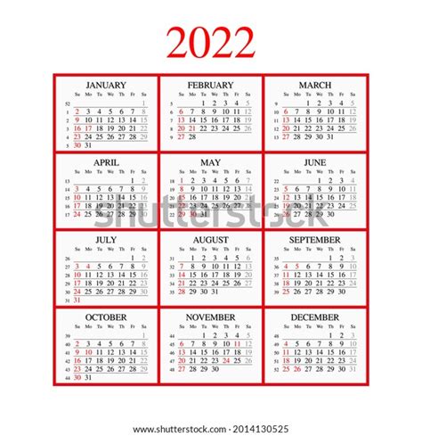 2022 Year Calendar Weeks Numbering Week Stock Vector Royalty Free