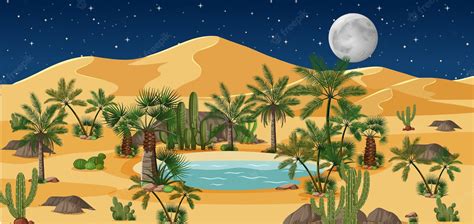 Free Vector Desert Oasis With Palms And Catus Nature Landscape At