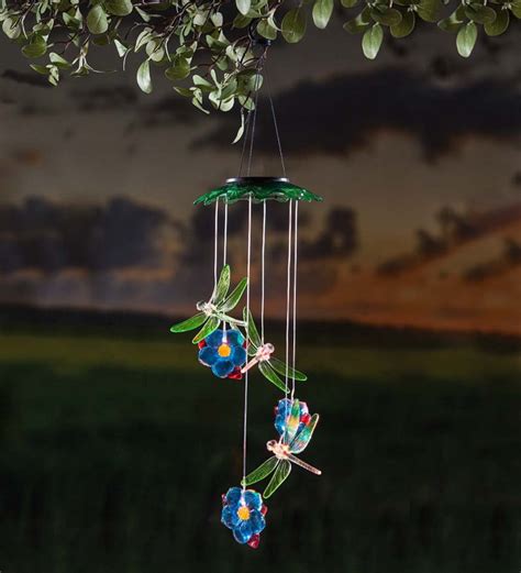 Plow And Hearth Color Changing Solar Mobile With Dragonflies And Flowers