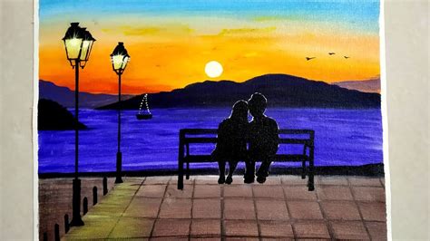 A Romantic Couple In A Sunset Seascape Beach Landscape Paintingstreet