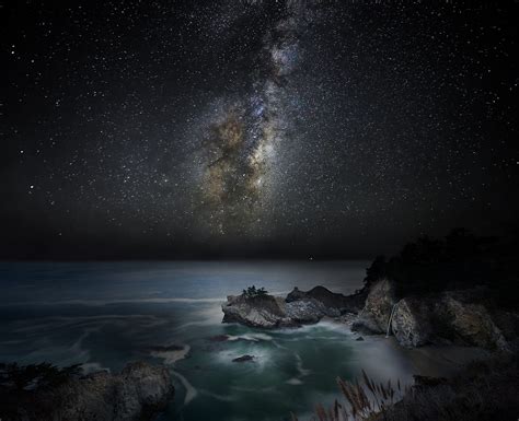 Nature Landscape Waterfall Beach Sea Milky Way Starry Night Galaxy