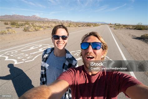 Men Friends Take Selfie On Route 66 Stock Photo Download Image Now