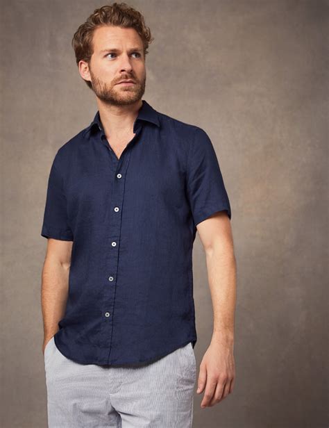 Mens Navy Tailored Fit Short Sleeve Linen Shirt Hawes And Curtis