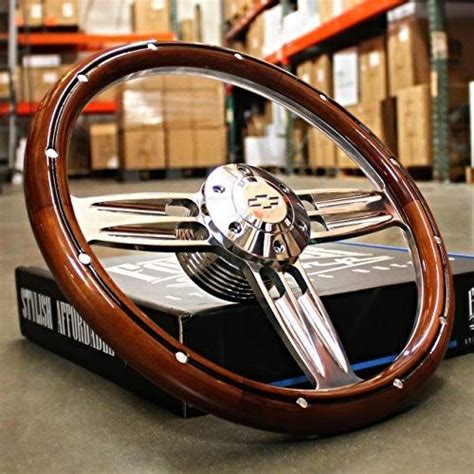 14 Inch Billet Polished And Wood Steering Wheel Bowtie Horn 6 Hole