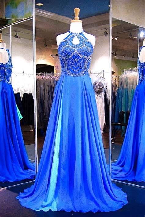 A Line Halter Front Keyhole Long Royal Blue Chiffon Beaded Prom Dress