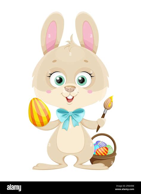 Happy Easter Cute Little Bunny Painting Eggs Cartoon Character Rabbit