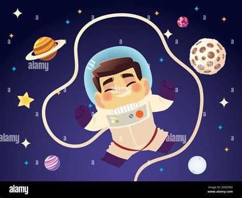 Cute Astronaut In Space With Planets Galaxy Cartoon Vector Illustration